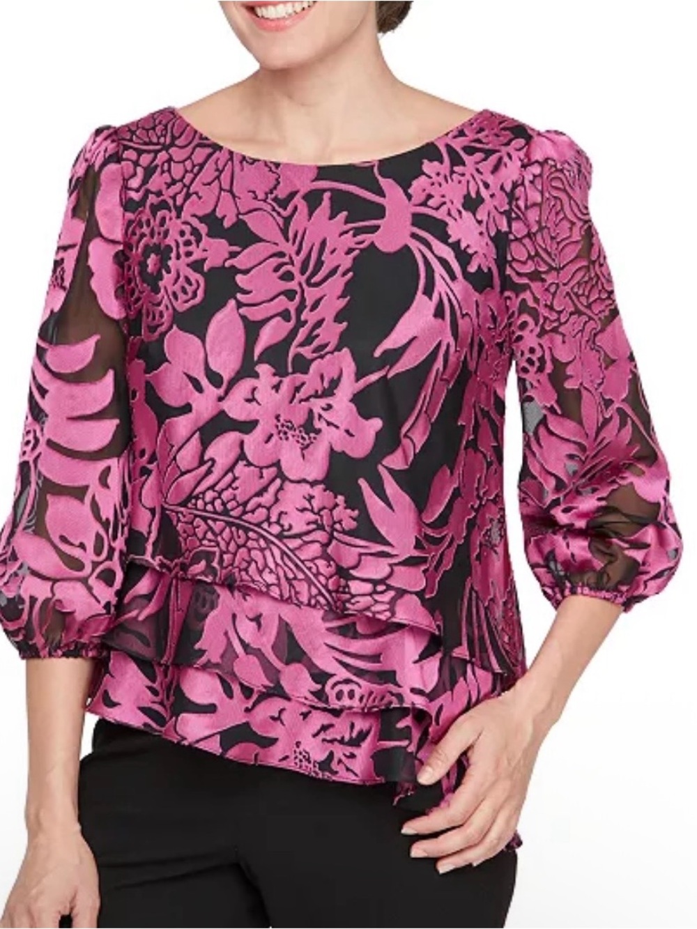 Alex Evenings Printed Tiered Asymmetrical Blouse - Picture 2 of 11